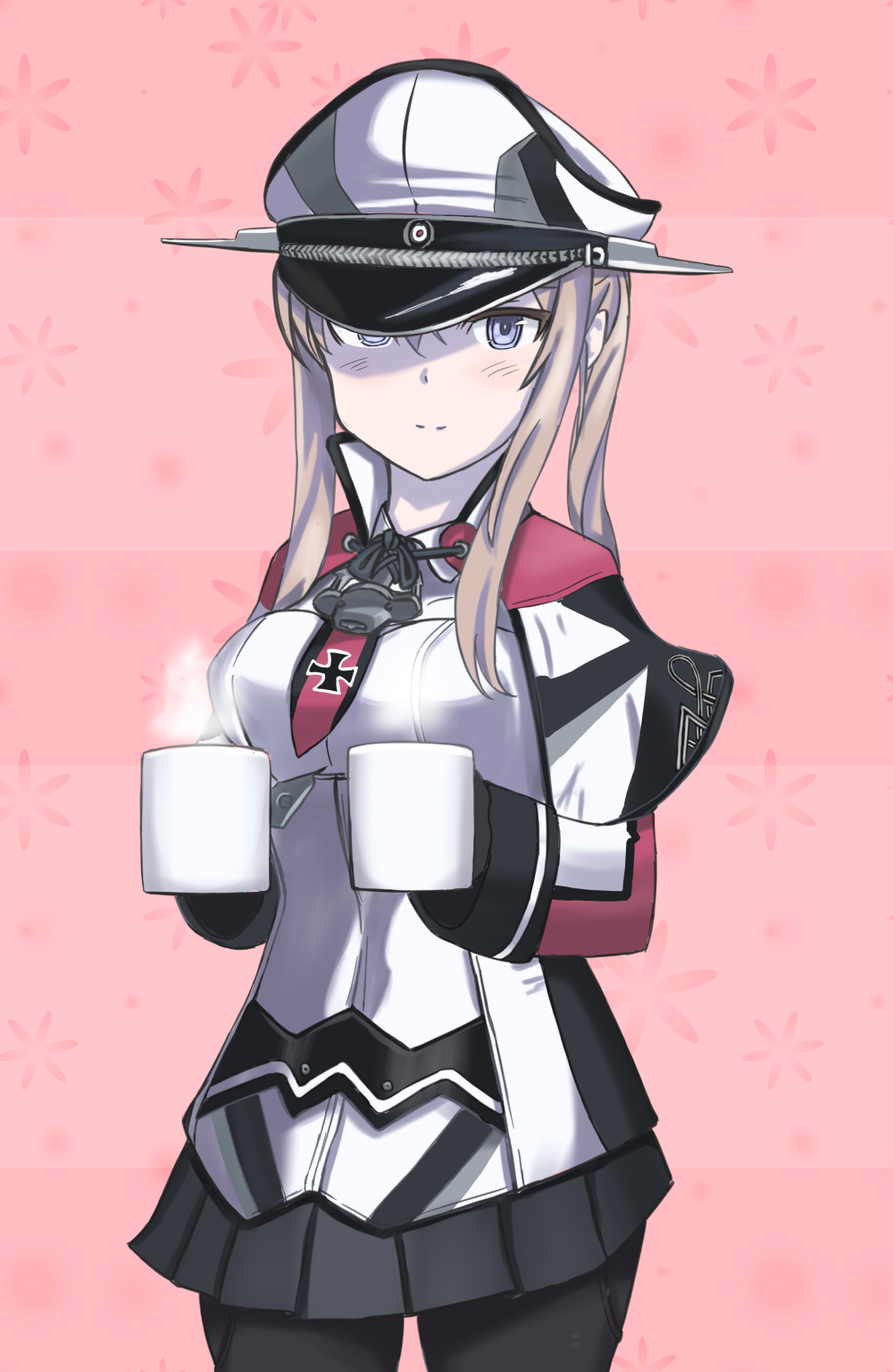 1girl black_gloves black_pantyhose blonde_hair blue_eyes breasts capelet coffee_mug cowboy_shot cup gloves graf_zeppelin_(kancolle) hair_between_eyes hat highres holding holding_cup kantai_collection large_breasts long_hair long_sleeves looking_at_viewer military_hat military_uniform mug pantyhose peaked_cap pink_background sidelocks smile solo tanasiso twintails