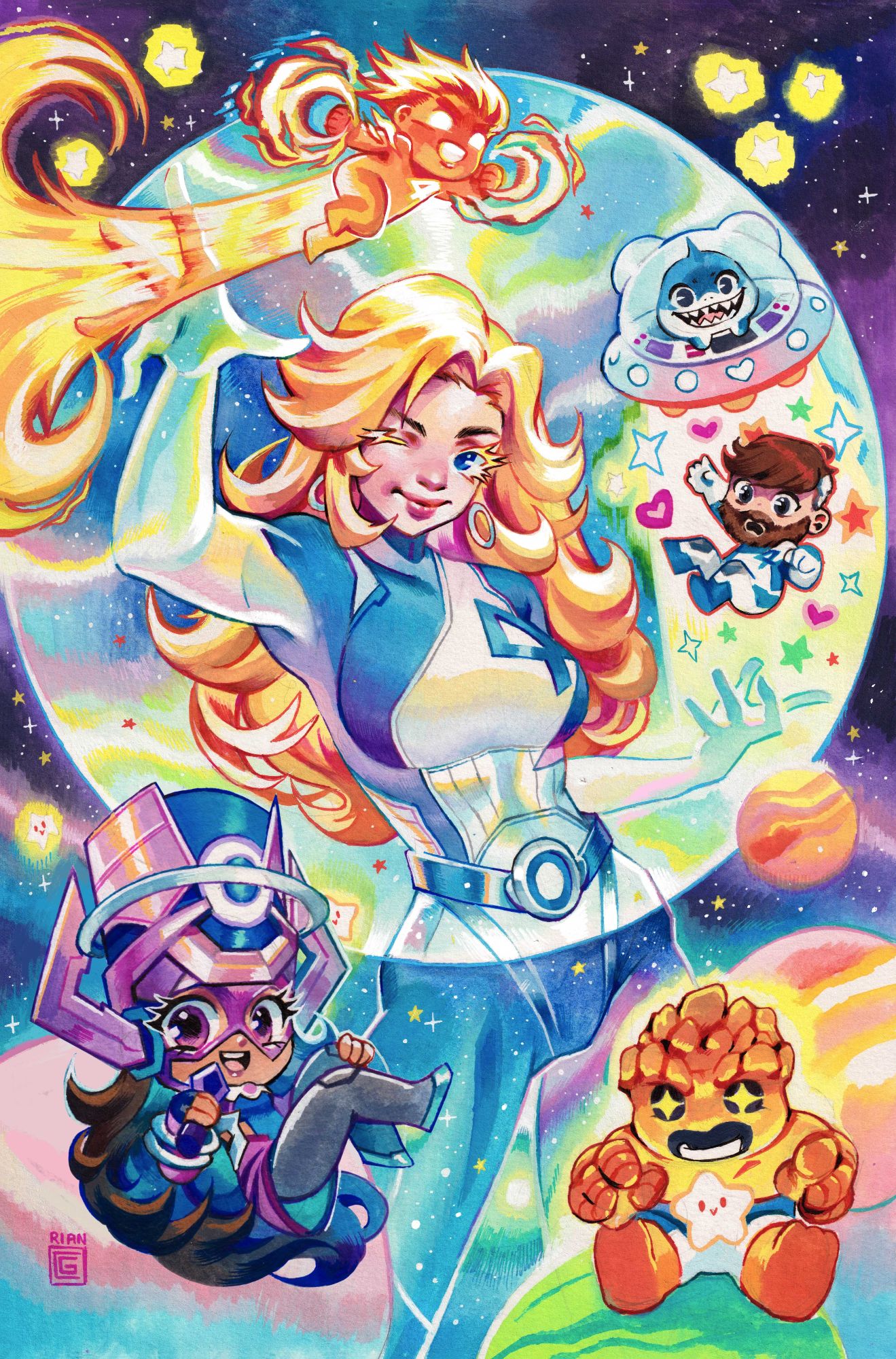 2girls 3boys artist_name beard ben_grimm blank_eyes blonde_hair blue_bodysuit blue_eyes bodysuit breasts brown_hair chibi closed_mouth comic_cover commentary earrings english_commentary facial_hair fantastic_four galacta gouache_(medium) highres jeff_(marvel) jewelry johnny_storm large_breasts long_hair looking_at_viewer marvel marvel_rivals multiple_boys multiple_girls official_art one_eye_closed open_mouth painting_(medium) partially_invisible planet purple_eyes reed_richards rian_gonzales shark sharp_teeth smile space star_(sky) sue_storm superhero_costume teeth textless_version traditional_media two-tone_bodysuit watercolor_(medium) white_bodysuit