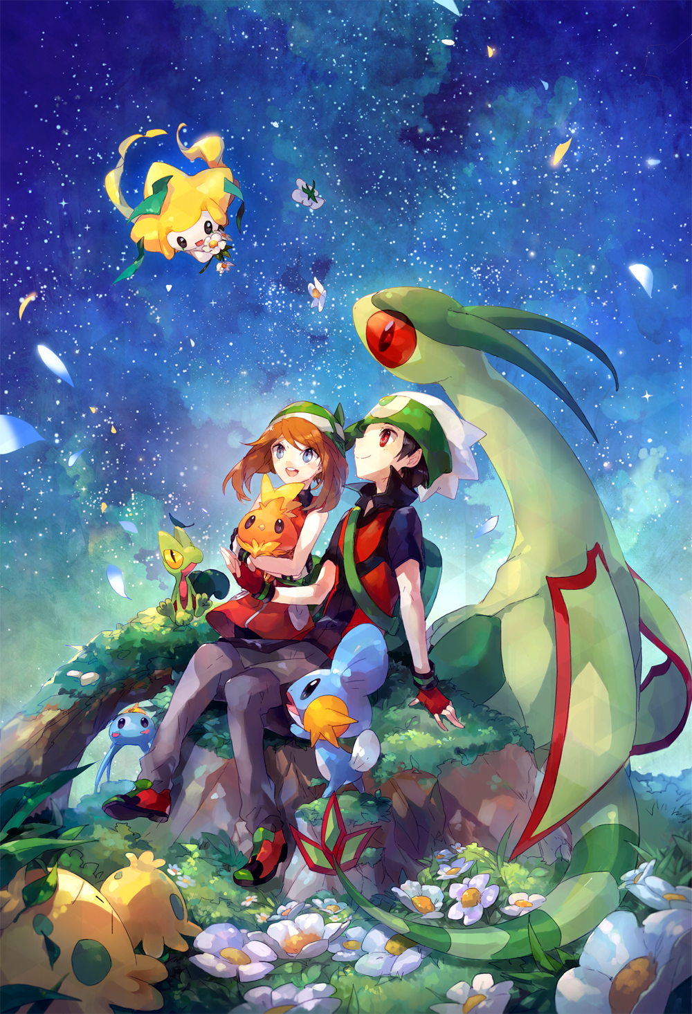 00s 1boy 1girl black_hair blue_eyes brendan_(pokemon) brendan_(pokemon_emerald) brown_hair fingerless_gloves flower flygon gen_3_pokemon gloves highres jirachi legendary_pokemon may_(pokemon) may_(pokemon_emerald) mudkip mythical_pokemon nintendo pokemon pokemon_(creature) pokemon_rse red_eyes shroomish sky star_(sky) starry_sky starter_pokemon_trio surskit torchic treecko welchino