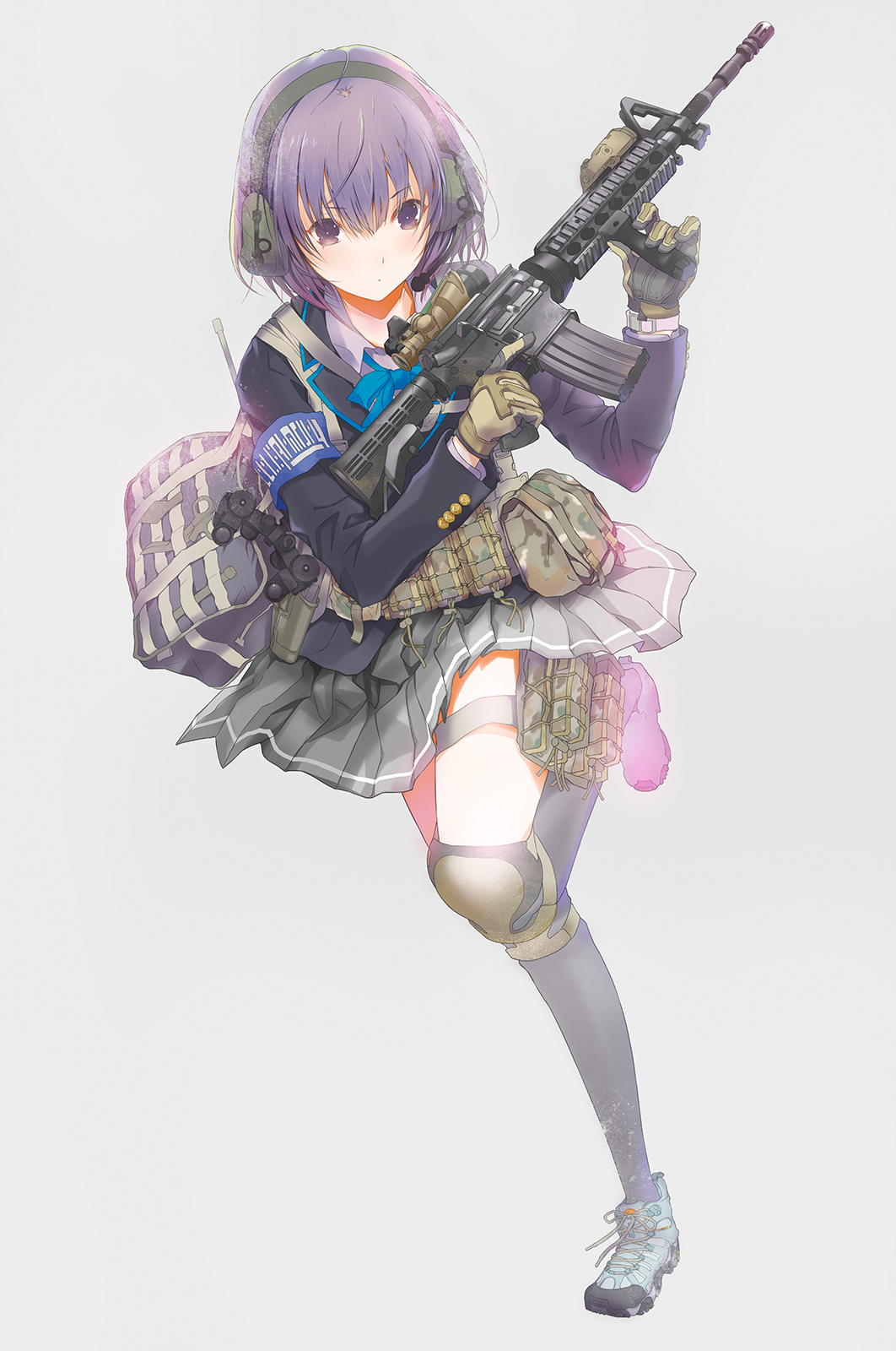 1girl armband asato_miyo assault_rifle bag binoculars black_socks female_focus full_body fuyuno_haruaki gloves gun headset highres holster knee_pads legs little_armory load_bearing_vest m4_carbine original purple_eyes purple_hair rifle school_uniform short_hair socks solo thigh_holster tomytec weapon