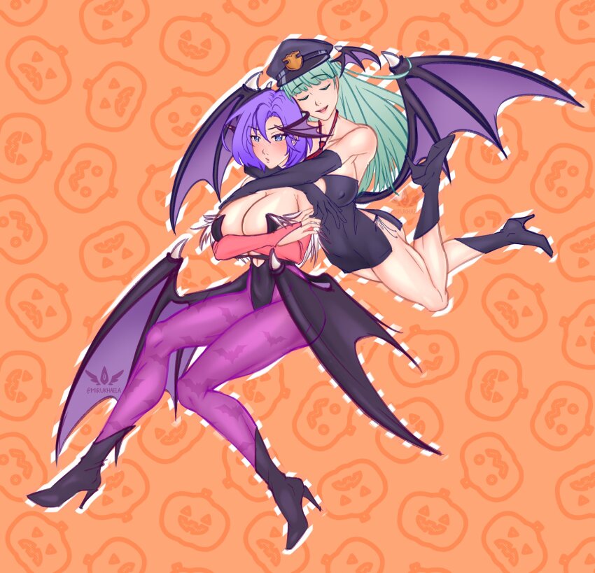 2girls ass bat_wings black_leotard blue_eyes blush breasts cleavage commentary cosplay covered_erect_nipples crossed_arms crossover demon_girl english_commentary green_hair head head_wings hug karryn&#039;s_prison karryn_(karryn&#039;s_prison) large_breasts leotard long_hair mirukhaela morrigan_aensland morrigan_aensland_(cosplay) multiple_girls panties pantyhose purple_hair short_hair thong underwear darkstalkers wings