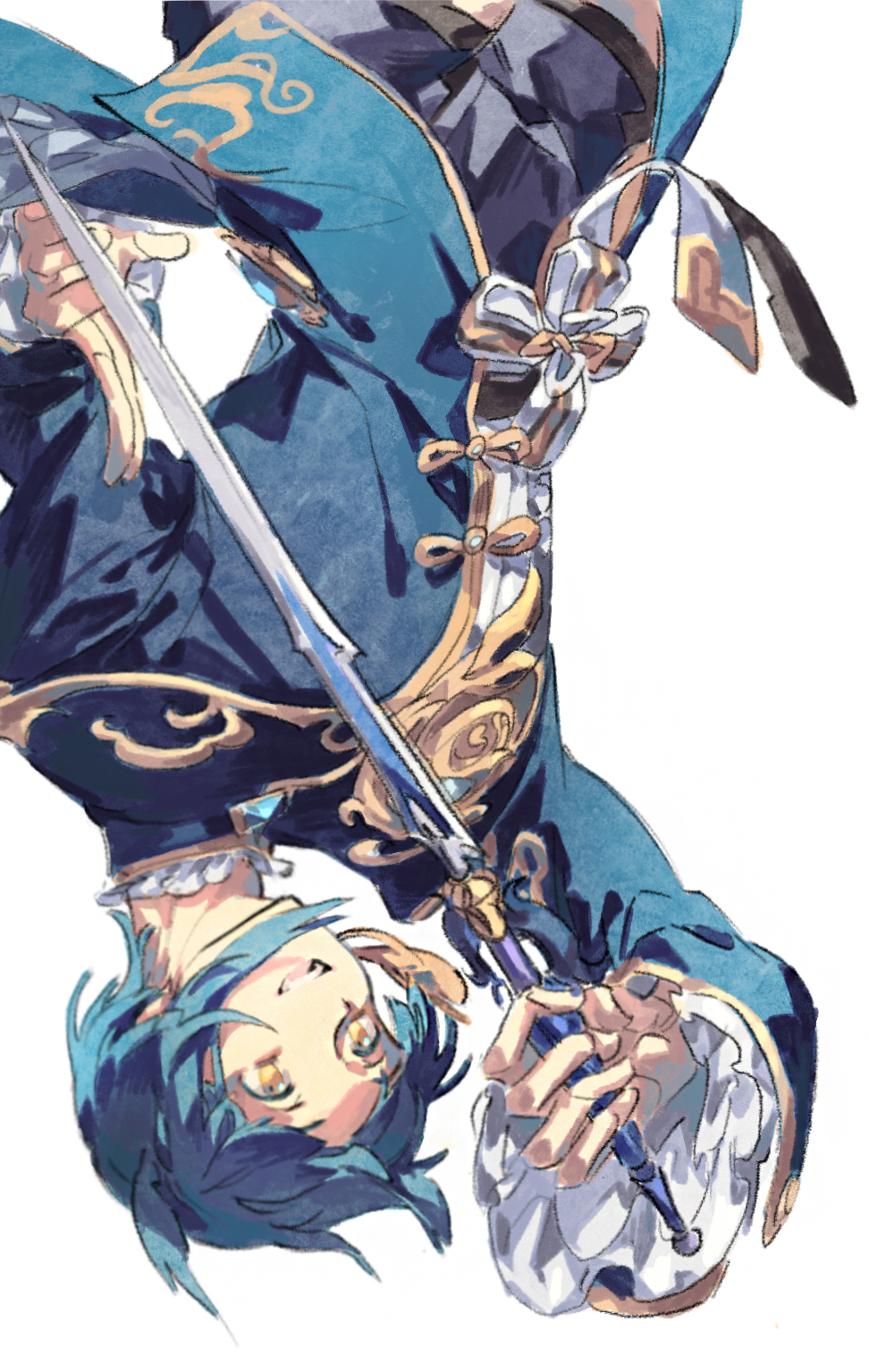1boy asymmetrical_bangs blue_hair earrings frilled_shirt_collar frilled_sleeves frills genshin_impact hahahashagi highres holding holding_sword holding_weapon jewelry long_coat long_sleeves male_focus simple_background single_earring solo sword tassel tassel_earrings upside-down vision_(genshin_impact) weapon white_background xingqiu_(genshin_impact) yellow_eyes