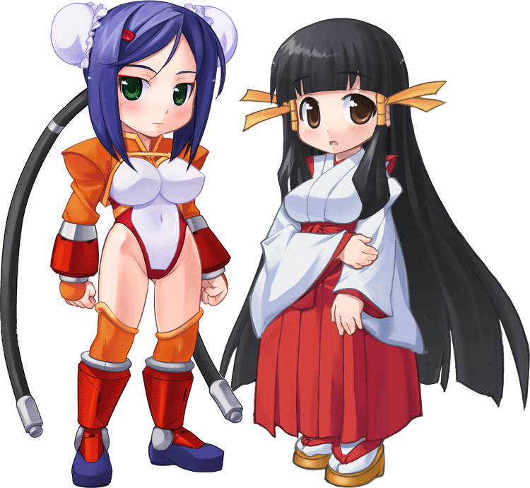 2girls amasa_mitsunaru arcana_heart black_hair blue_hair blush boots breasts brown_eyes bun_cover closed_mouth commentary_request covered_navel double_bun full_body geta green_eyes hair_bun hair_ornament hair_ribbon hakama hakama_skirt hime_cut japanese_clothes kasuga_maori kimono large_breasts leotard long_hair looking_at_viewer medium_breasts mei-fang miko multiple_girls open_mouth purple_hair red_footwear red_hakama ribbon short_hair shrug_(clothing) simple_background skirt socks standing very_long_hair white_background white_kimono white_legwear