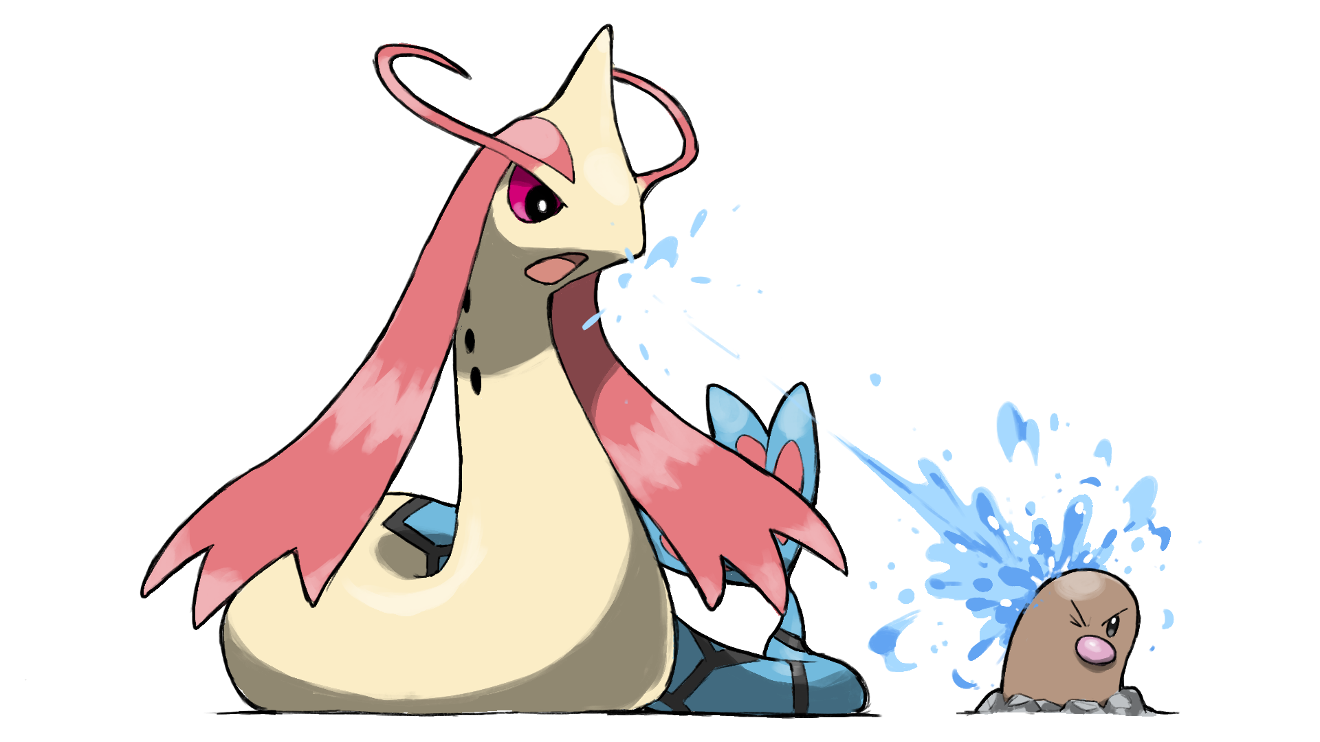 animal_focus blacknirrow colored_sclera commission diglett gen_1_pokemon gen_3_pokemon highres milotic nintendo no_humans one_eye_closed open_mouth pixiv_commission pokemon pokemon_(creature) pokemon_focus pokemon_move red_sclera simple_background v-shaped_eyebrows water water_gun_(pokemon) white_background