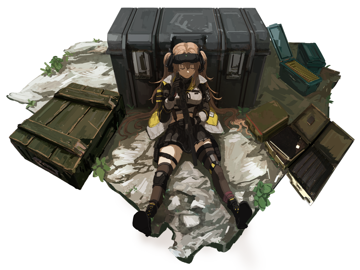 1010kman 1girl ammunition_box black_gloves black_ribbon black_socks black_thighhighs boots breasts brown_hair closed_eyes crop_top full_body girls'_frontline girls'_frontline_2:_exilium gloves goggles goggles_on_head holding holding_weapon jacket kneehighs lenna_(girls'_frontline_2) midriff_peek pleated_skirt pouch ribbon single_kneehigh single_sock single_thighhigh sitting skindentation skirt small_breasts socks solo thigh_pouch thigh_strap thighhighs transparent_background twintails ump9_(girls'_frontline) weapon