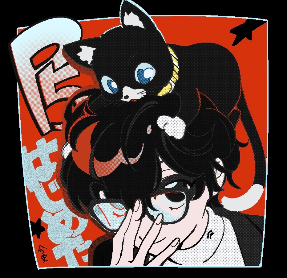 1boy adjusting_eyewear amamiya_ren animal animal_on_head black-framed_eyewear black_cat black_eyes black_hair black_jacket blue_eyes cat cat_on_head hair_between_eyes jacket kirokuyyyy looking_at_viewer male_focus morgana_(cat)_(persona_5) morgana_(persona_5) on_head persona persona_5 school_uniform shuujin_academy_school_uniform simple_background star_(symbol) upper_body yellow_collar