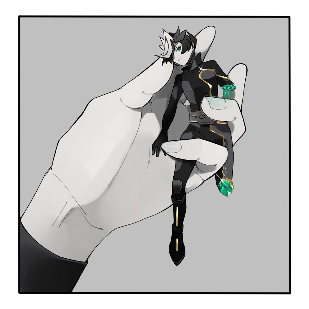 1boy alternate_form amputee belt black_bodysuit black_footwear black_shirt bodysuit border colored_bangs crystallization colored_bangs facing_to_the_side fujiki_yusaku gem green_eyes green_gemstone grey_background grey_belt grey_bodysuit hair_over_one_eye hand_on_ground holding holding_hands holding_toy leaning_back light_particles looking_to_the_side male_focus missing_limb monochrome partially_colored petrification playmaker_(yu-gi-oh!) popped_collar shirt size_difference spiked_hair tatiuoblade toy two-tone_bodysuit white_border yellow_trim yu-gi-oh! yu-gi-oh!_vrains