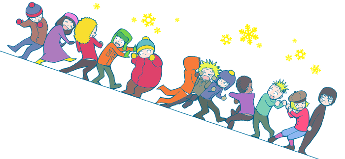 3girls 6+boys beanie bebe_stevens black_hair blonde_hair brown_hair butters_stotch craig_tucker damien dancing dress earflap_hat eric_cartman everyone falling hat hat_pompom hood jacket kenny_mccormick kyle_broflovski multiple_boys multiple_girls orange_pants pants pip pip_pirrup purple_shirt red_shirt shirt smile snowflakes south_park stan_marsh token_black tweek_tweak wendy_testaburger