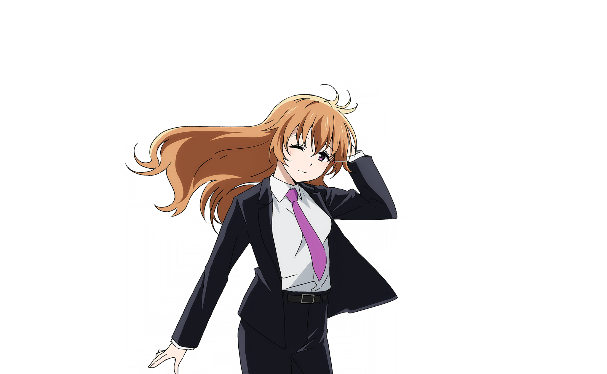 1girl belt belt_buckle black_belt black_pants black_suit blush breasts brown_hair buckle business_suit collared_shirt cowboy_shot formal_clothes hair_between_eyes hair_ornament hairclip hand_in_own_hair hand_up highres konoe_kanata long_hair long_sleeves looking_at_viewer love_live! love_live!_nijigasaki_high_school_idol_club love_live!_school_idol_festival_2 necktie official_art one_eye_closed open_clothes pants purple_eyes purple_necktie shirt smile solo suit transparent_background wavy_hair white_shirt