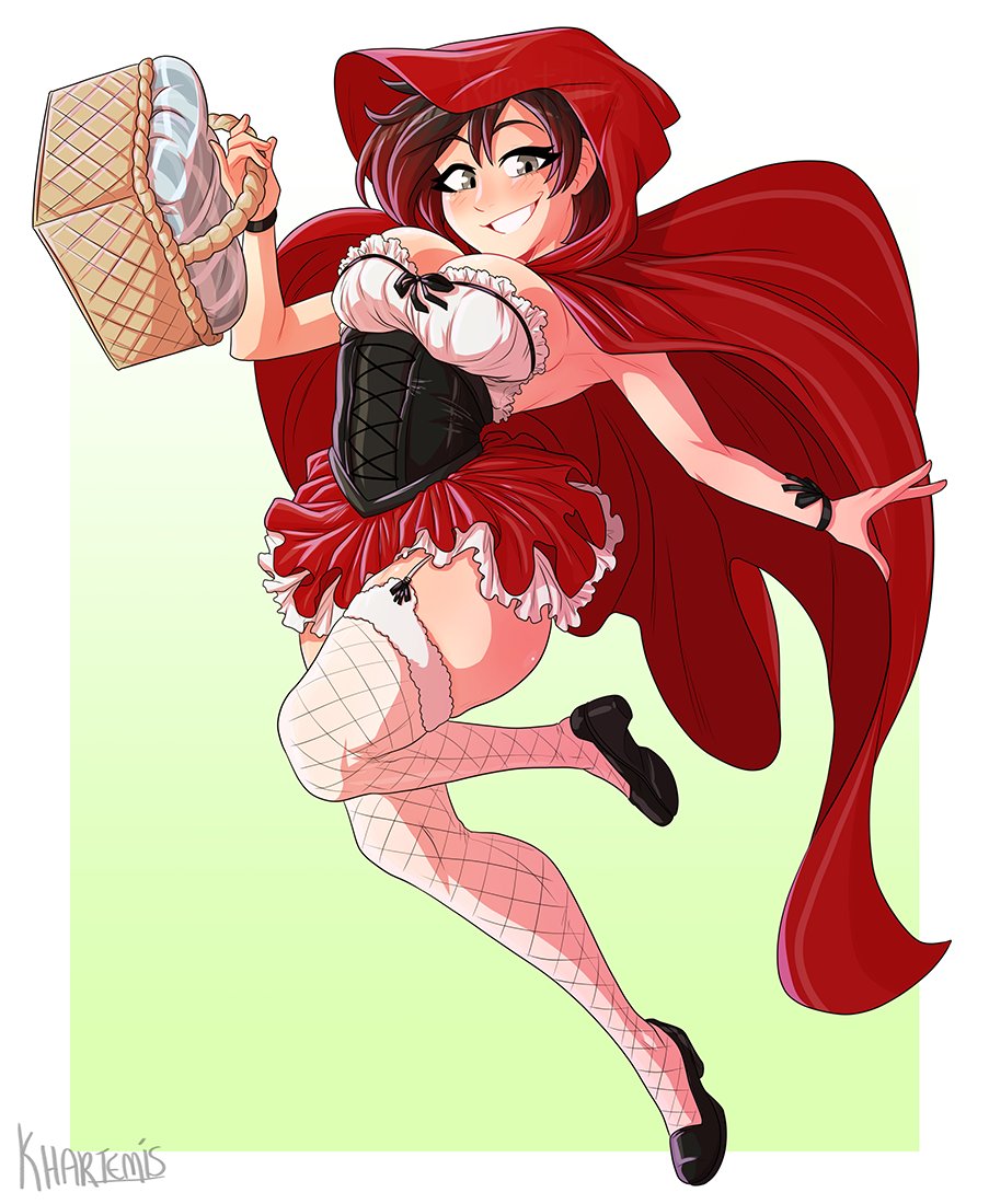 1girl basket black_hair black_shoes breasts cloak cosplay fishnet_thighhighs fishnets frilled_skirt frills gradient_hair grey_eyes holding holding_basket hood hood_up hooded_cloak khartemis large_breasts little_red_riding_hood_(fairy_tale) little_red_riding_hood_(fairy_tale_character)_(cosplay) little_red_riding_hood_(fairy_tale_character) looking_at_viewer made_in_2024 miniskirt multicolored_hair picnic_basket red_cloak red_hair red_hood red_skirt ruby_rose rwby shoes short_hair skirt smile solo thighhighs underbust white_thighhighs