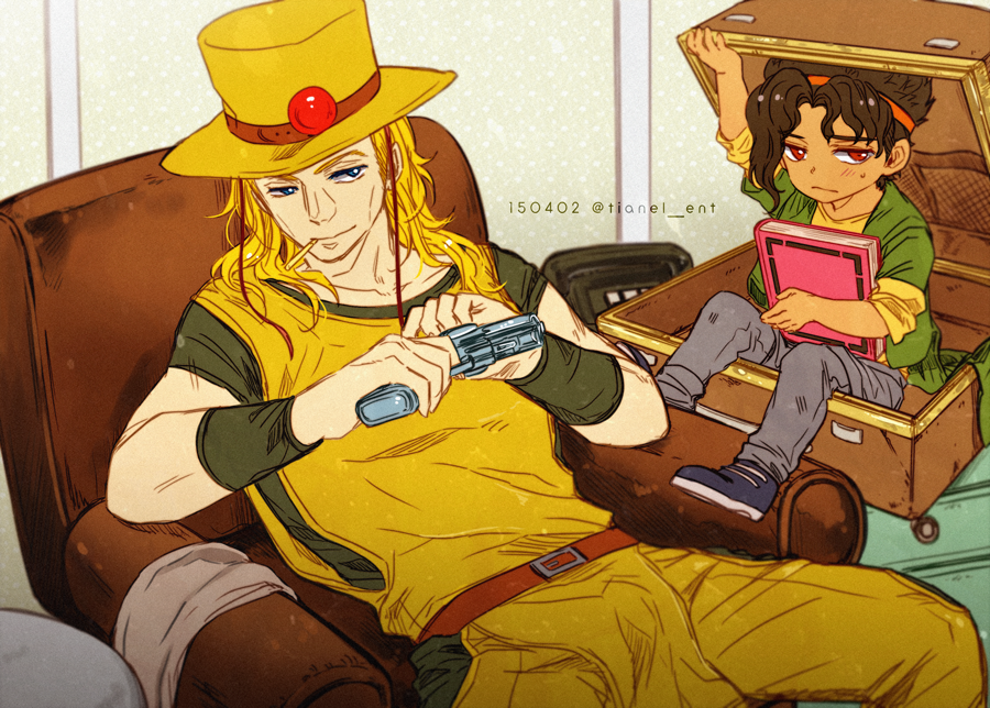 2boys black_hair blonde_hair blue_eyes boingo child cigarette couch cowboy_hat emperor_(stand) gun handgun hat hol_horse jojo_no_kimyou_na_bouken long_hair male_focus multiple_boys red_eyes revolver stand_(jojo) stardust_crusaders suitcase tianel_ent visor_cap weapon