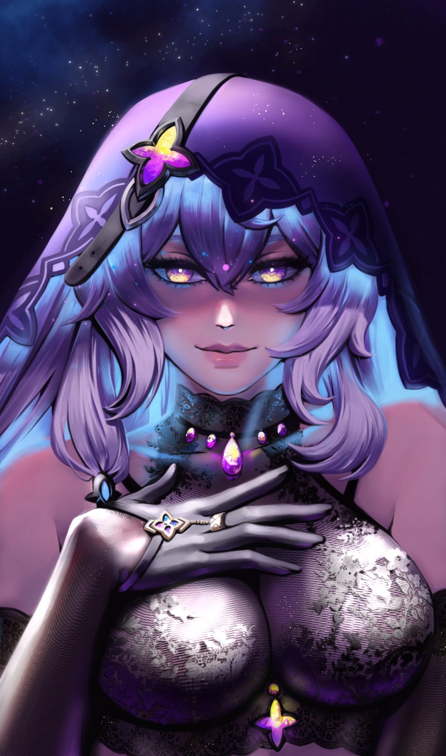 1girl bare_shoulders black_gloves black_swan_(honkai:_star_rail) breasts commentary gloves highres honkai:_star_rail honkai_(series) large_breasts long_hair lunart purple_eyes purple_hair solo upper_body veil