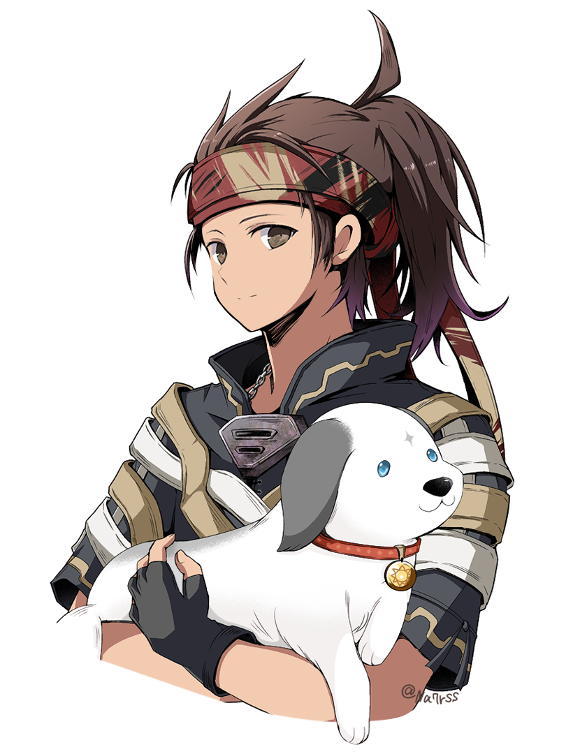 1boy animal animal_collar black_gloves black_jacket blue_eyes brown_eyes brown_hair chain chain_necklace closed_mouth collar dog facial_mark final_fantasy final_fantasy_vii final_fantasy_vii_ever_crisis fingerless_gloves forehead_mark gloves grey_fur headband holding holding_animal holding_dog jacket jewelry light_smile male_focus nanao_(zonzonsh) necklace ponytail red_headband refu_(ff7ec) rosen_(ff7ec) tan twitter_username two-tone_fur upper_body white_background white_fur