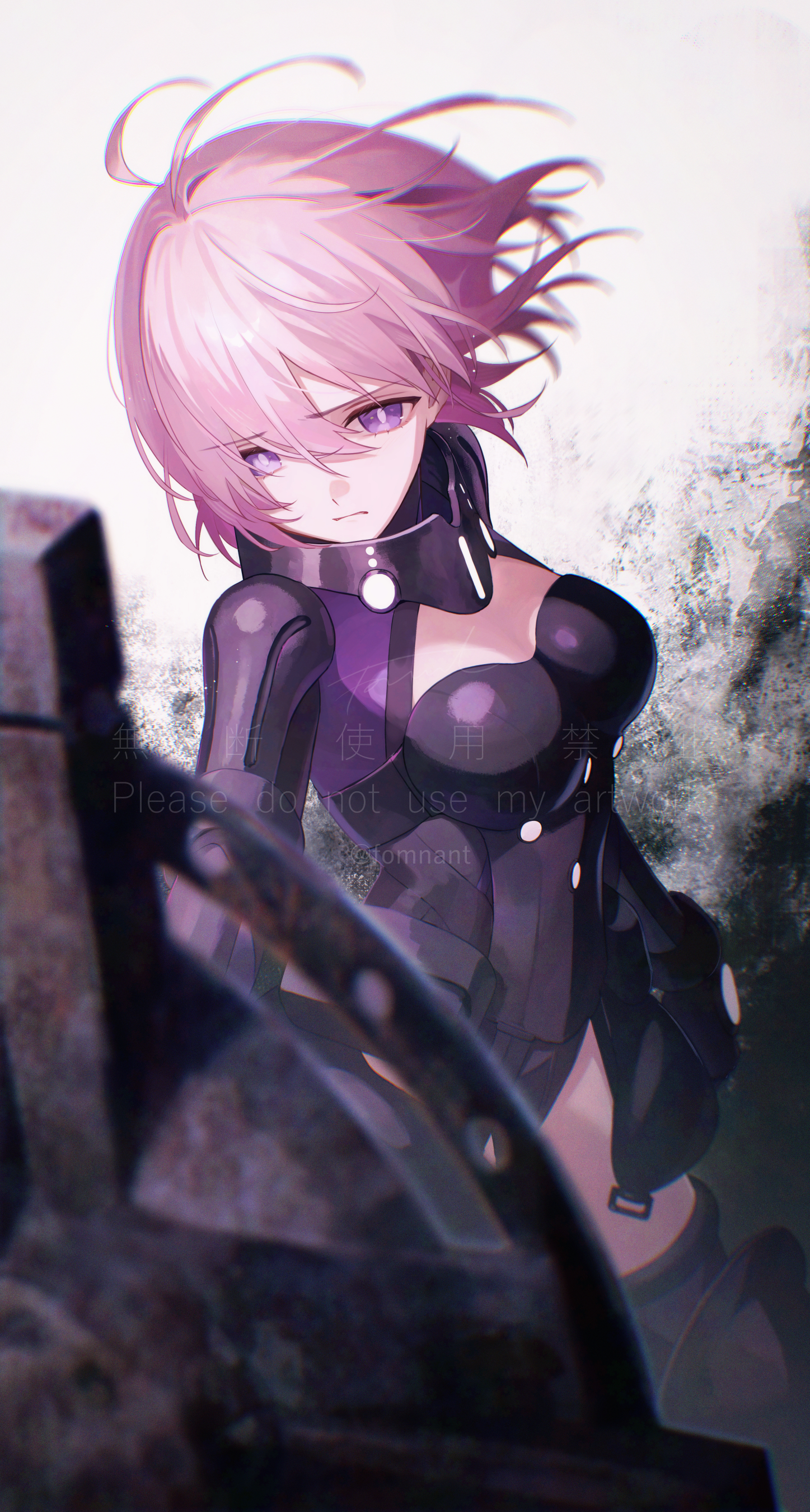 1girl absurdres armor armored_leotard black_armor black_thighhighs breasts cleavage cleavage_cutout clothing_cutout fate/grand_order fate_(series) fomnant gauntlets hair_over_one_eye highres large_breasts leotard mash_kyrielight mash_kyrielight_(ortenaus) mold_camelot pink_hair purple_eyes shield short_hair solo thighhighs