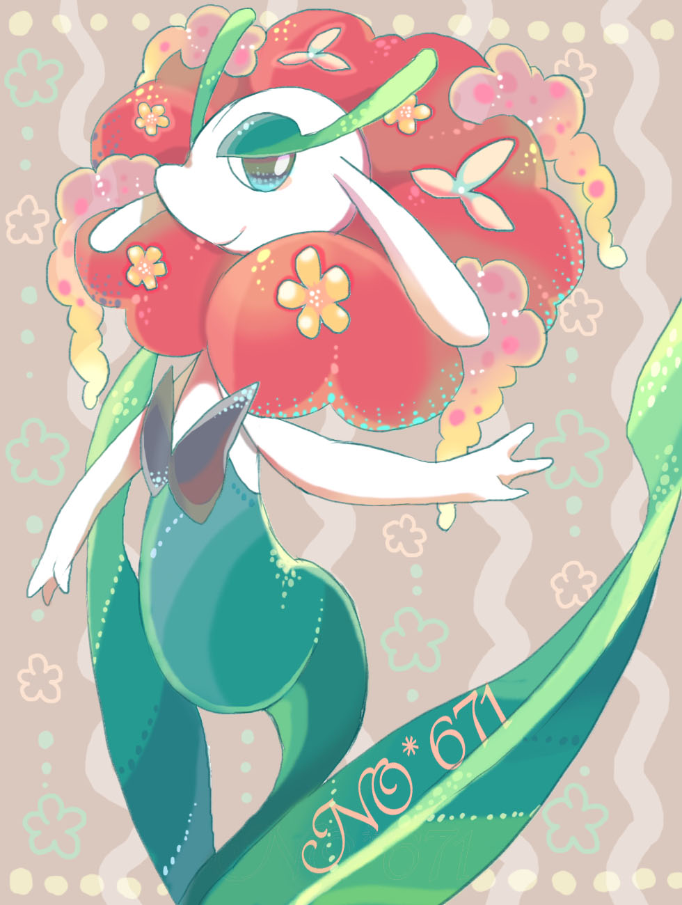 1girl akadako arm_up blue_eyes brown_background closed_mouth colored_skin female_focus flat_chest florges florges_(red_flower) flower gen_6_pokemon green_skin half-closed_eyes happy highres looking_at_viewer monster_girl multicolored_skin nintendo one-hour_drawing_challenge orange_flower outstretched_arm plant_girl pokedex_number pokemon pokemon_(creature) red_flower smile solo two-tone_skin white_skin