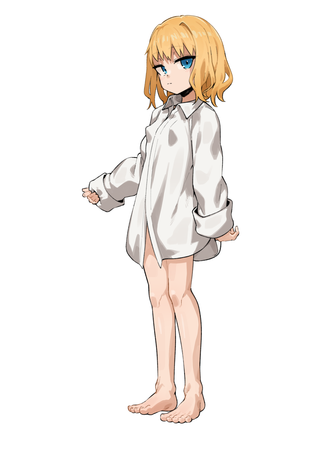 1girl bare_legs blonde_hair blue_eyes breasts closed_mouth expressionless full_body highres irokohaku leivinia_birdway looking_at_viewer naked_shirt petite shirt simple_background sleeves_past_wrists small_breasts solo standing toaru_majutsu_no_index white_background white_shirt