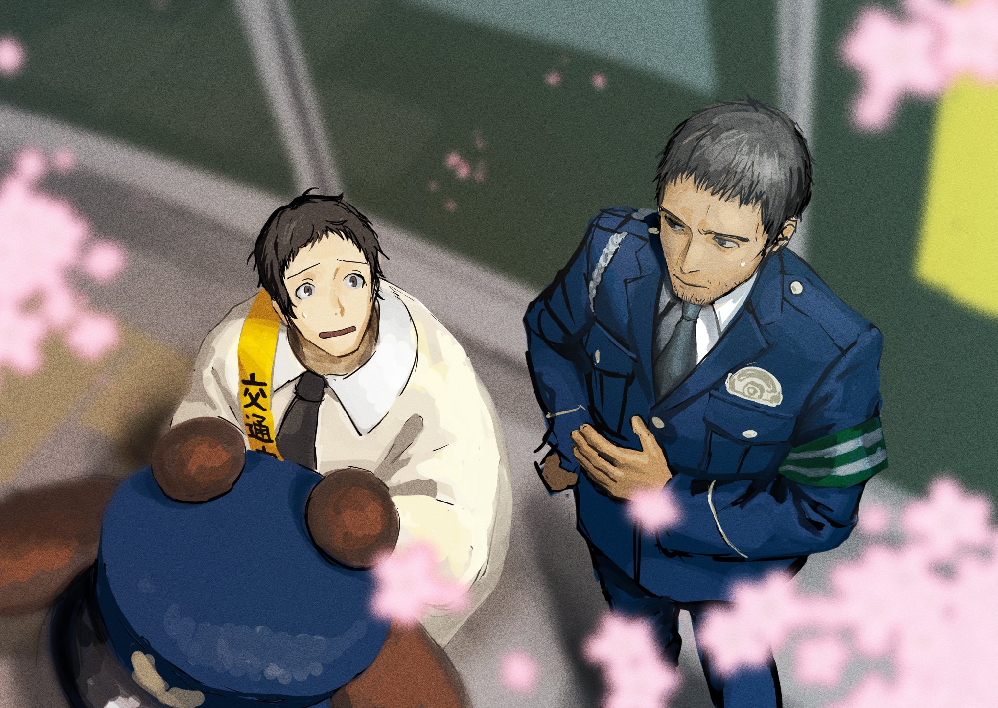 2boys adachi_tooru armband beard_stubble black_hair blurry blurry_background blurry_foreground cherry_blossoms doujima_ryoutarou facial_hair falling_petals green_armband highres looking_at_another male_focus mascot_costume morrisuit multiple_boys parted_lips persona persona_4 petals police police_uniform policeman sash short_hair stubble sweatdrop yellow_sash