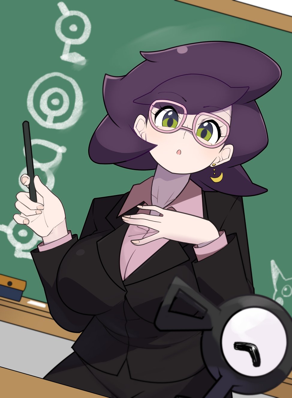 alternate_costume breasts gen_1_pokemon gen_2_pokemon glasses highres large_breasts mituyota_76 nintendo pikachu pokemon pokemon_(creature) pokemon_sm teacher unown wicke_(pokemon)
