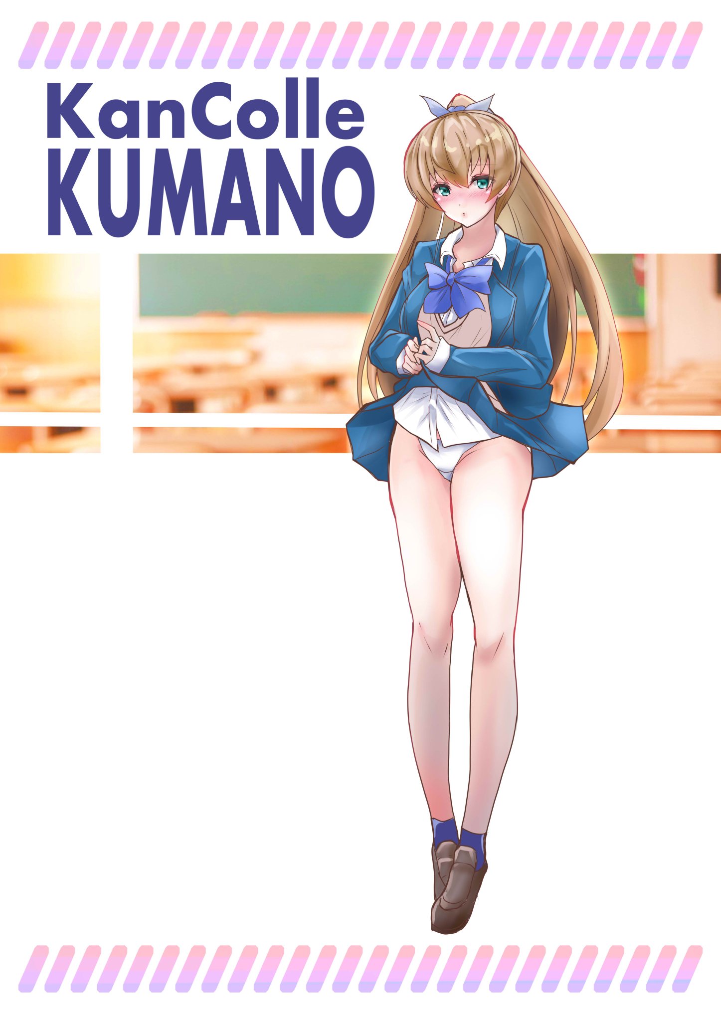 1girl blazer blue_eyes blue_jacket blue_skirt bow bowtie brown_hair cardigan character_name copyright_name frilled_skirt frills full_body hair_ornament highres jacket kantai_collection kumano_(kancolle) kumano_kai_ni_(kancolle) lifting_own_clothes long_hair orange_bow orange_bowtie panties ponytail red_bow red_bowtie school_uniform shamo_(ptwmjgda) skirt solo underwear white_background white_panties
