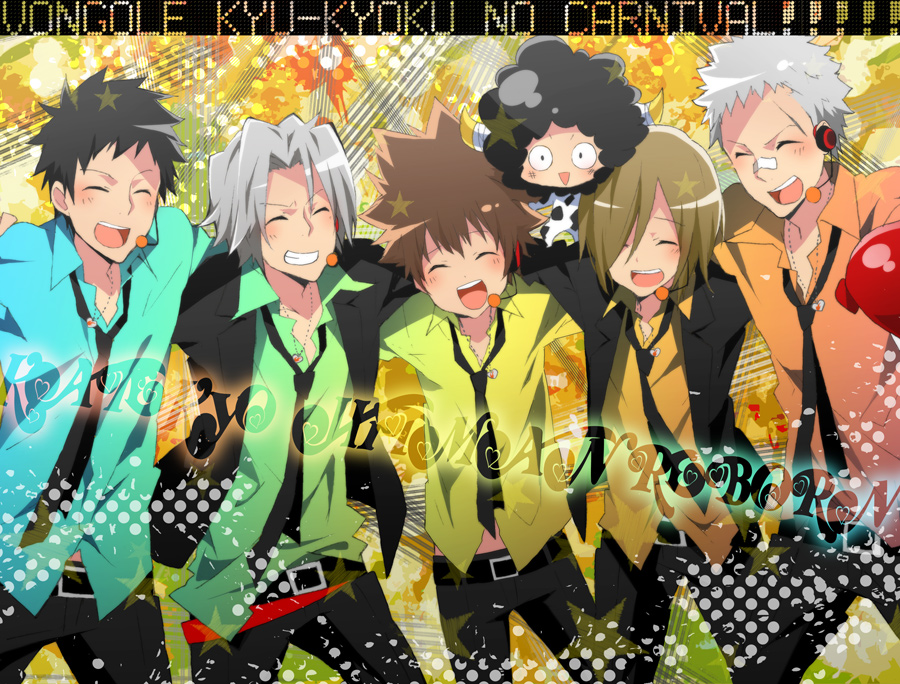 6+boys basil basilicum black_hair brown_hair danemaru closed_eyes gokudera_hayato headset katekyo_hitman_reborn! lambo male_focus multiple_boys necktie open_mouth sasagawa_ryohei sawada_tsunayoshi silver_hair smile yamamoto_takeshi