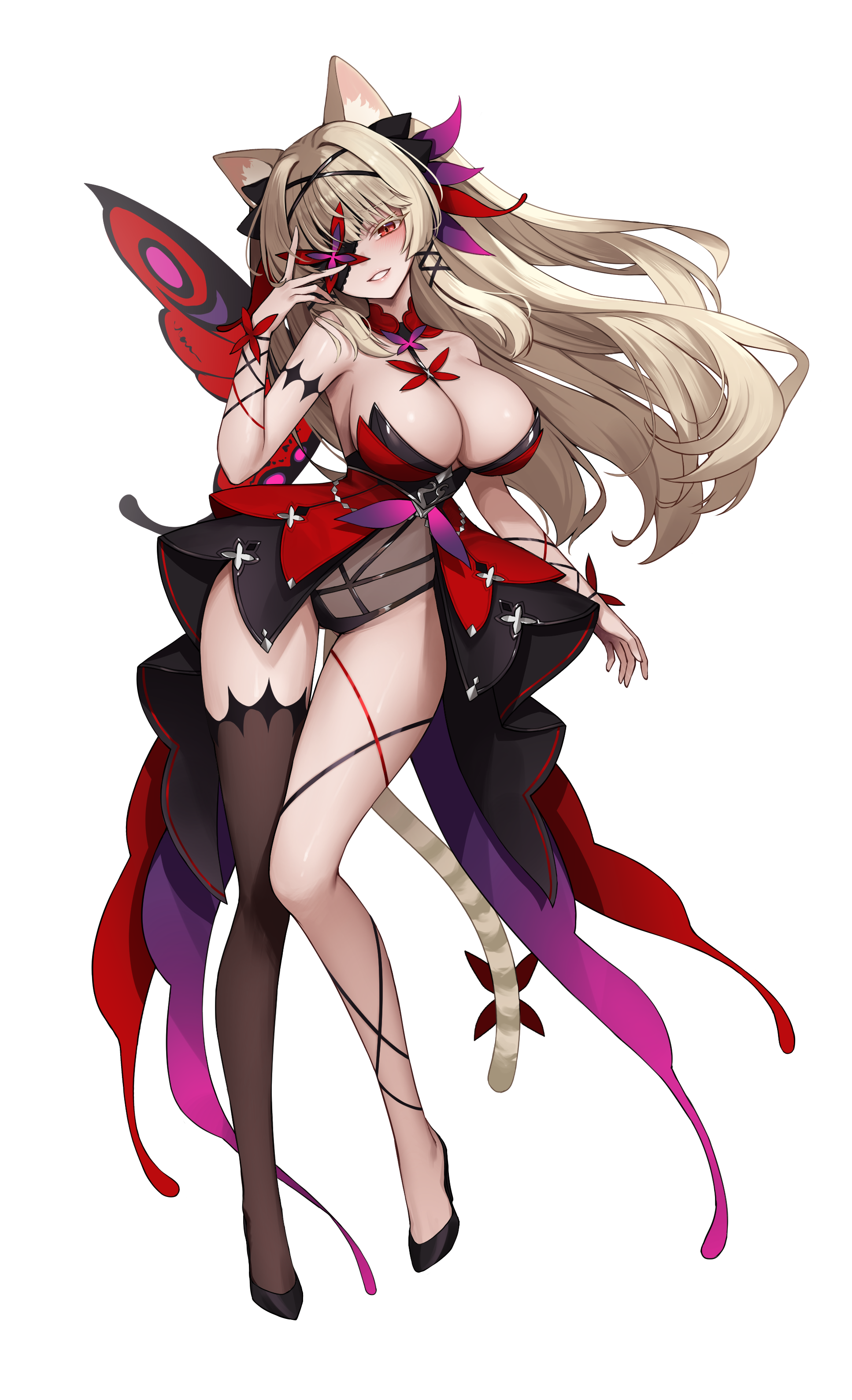 1girl absurdres animal_ear_fluff animal_ears ankkoyom black_footwear black_thighhighs blush breasts brown_hair butterfly_wings cat_ears cat_fantasy cat_girl cat_tail commentary english_commentary eyepatch floating_hair full_body gluteal_fold grin hair_ornament hand_up head_tilt high_heels highres insect_wings large_breasts long_hair looking_at_viewer one-eyed pumps red_eyes revealing_clothes simple_background single_thighhigh smile solo standing sylviette_(cat_fantasy) tail thighhighs very_long_hair white_background wings x_hair_ornament