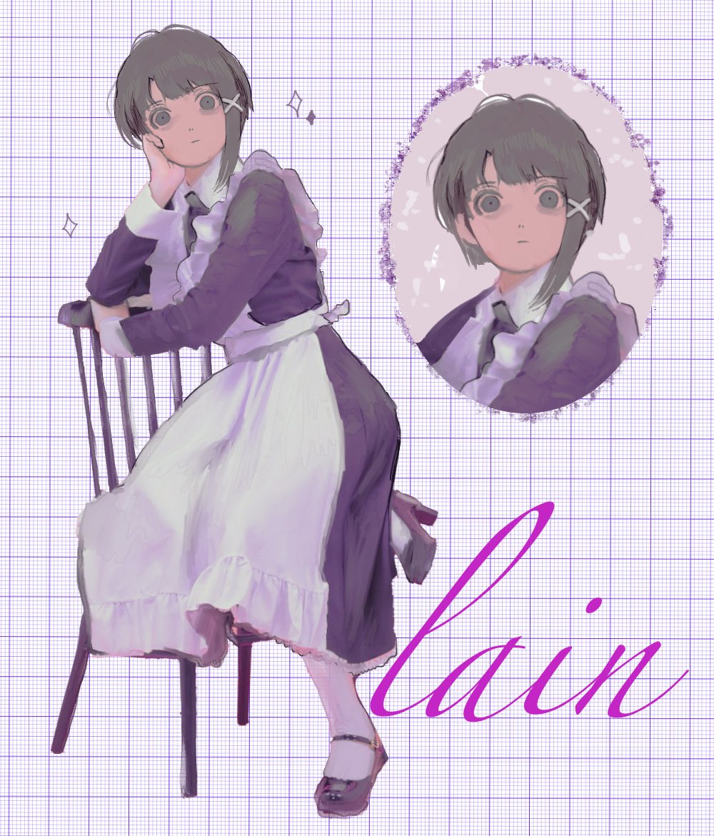 1girl alternate_costume apron brown_eyes brown_hair chair dress enmaided frilled_dress frills grid_background hair_ornament iwakura_lain karasumaichiu long_dress long_sleeves looking_at_viewer maid maid_apron maid_headdress mary_janes on_chair serial_experiments_lain shoes short_hair single_sidelock socks solo white_socks x_hair_ornament