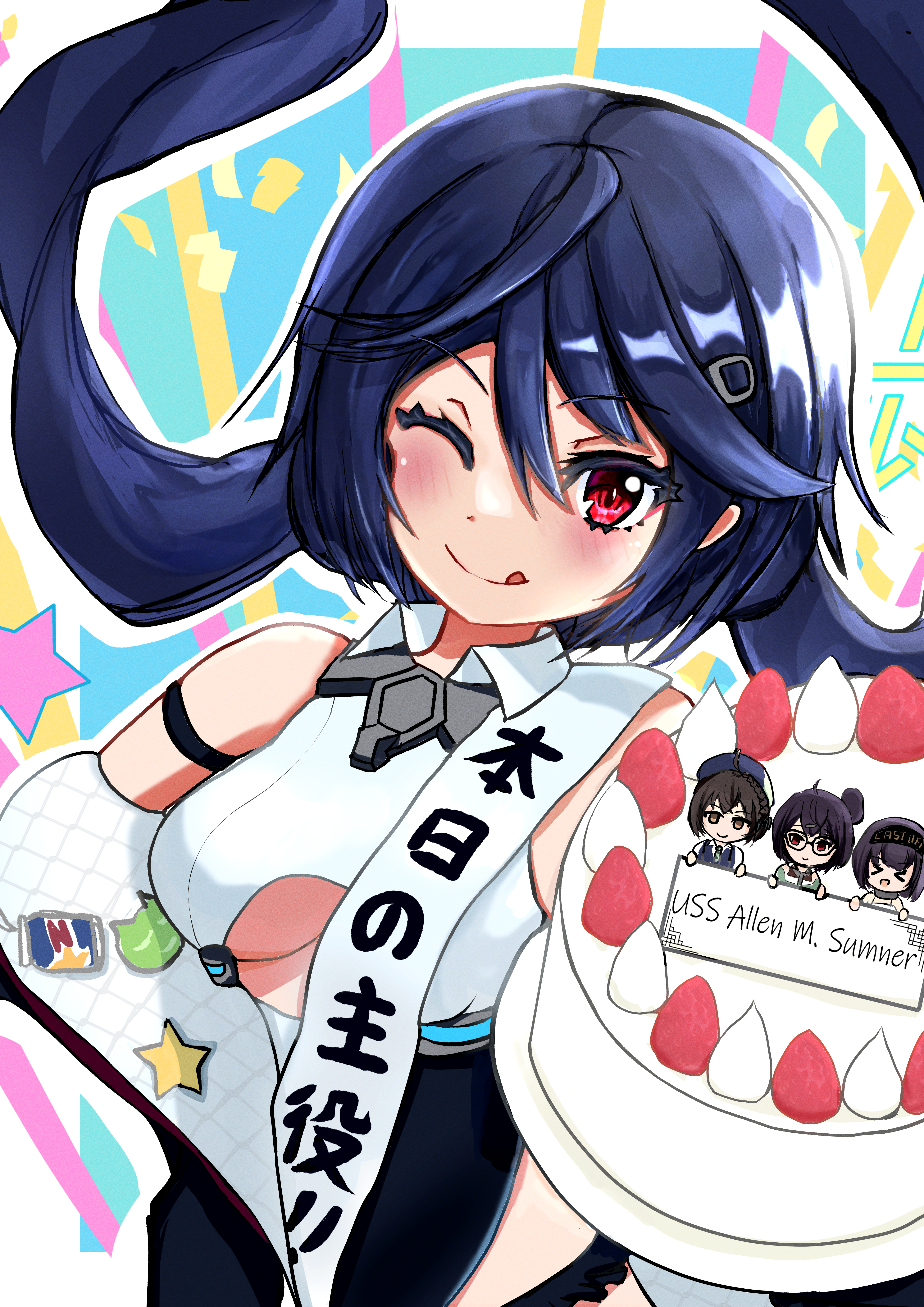 4girls ;d absurdres allen_m._sumner_(azur_lane) asagiri_rey azur_lane badge bare_shoulders birthday_sash black_coat black_hair black_leotard braid braided_bun breasts bristol_(azur_lane) button_badge cake clothing_cutout coat collared_leotard cooper_(azur_lane) food frilled_leotard frills hair_bun happy_birthday highres ingraham_(azur_lane) jacket leotard long_hair long_sleeves looking_at_viewer medium_breasts mini_person minigirl multicolored_leotard multiple_girls off_shoulder one_eye_closed open_clothes open_coat open_mouth rabbit_pin red_eyes smile twintails two-tone_leotard underboob underboob_cutout upper_body
