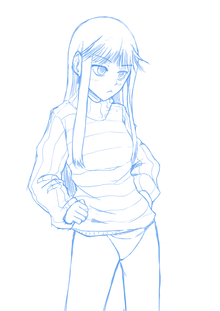1girl :&lt; ar_tonelico ar_tonelico_ii blue_theme female_focus hands_on_own_hips jakuri_(ar_tonelico) long_hair maydrawfag monochrome no_pants panties ribbed_sweater solo sweater underwear