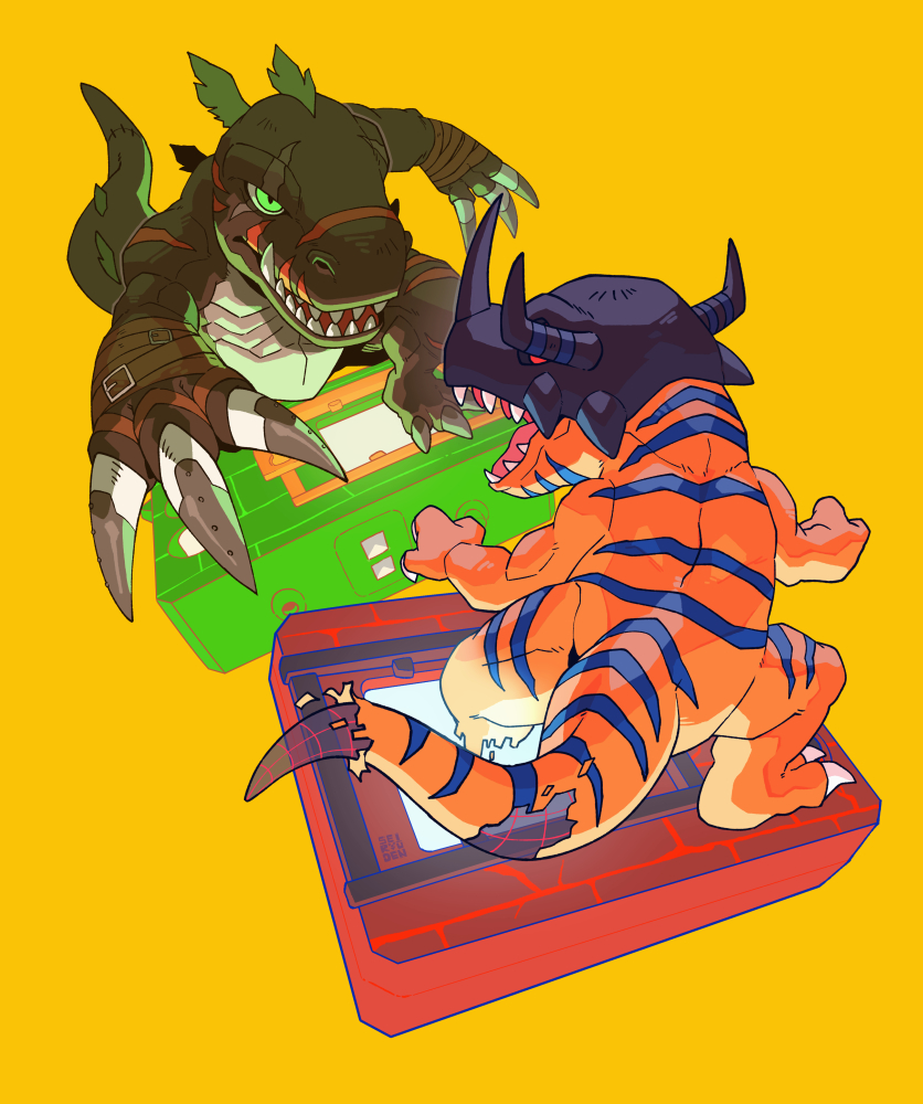 arm_belt back battle belt brown_belt claws darktyranomon digimon digimon_(creature) digimon_(virtual_pet) dinosaur fake_horns green_eyes greymon helmet horned_helmet horns multiple_belts multiple_horns open_mouth red_eyes scar scar_across_eye scar_on_face screen sei_(seiryuuden) sharp_teeth simple_background spines striped_skin tail teeth virtual_pet_(toy) wireframe yellow_background