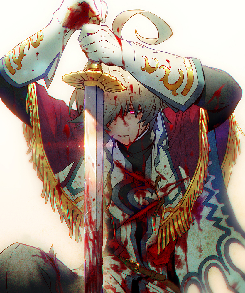 1boy ahoge alloces_(megido72) belt black_pants bleeding blood blood_on_clothes blood_on_face capelet commentary_request defeat glint gloves gold_trim holding holding_sword holding_weapon hotaruika_niji injury looking_down male_focus megido72 pants red_eyes silver_hair solo sword weapon white_gloves