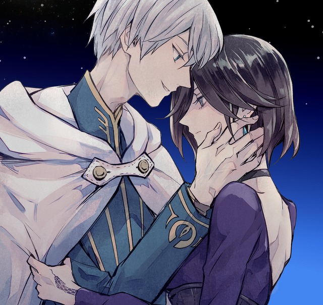 1boy 1girl black_eyes black_hair blue_eyes cape cape_tug commentary_request grel_(r6hgvu5) hand_on_another&#039;s_face hetero night octopath_traveler octopath_traveler_ii short_hair smile standing star_(sky) temenos_mistral throne_anguis white_cape white_hair