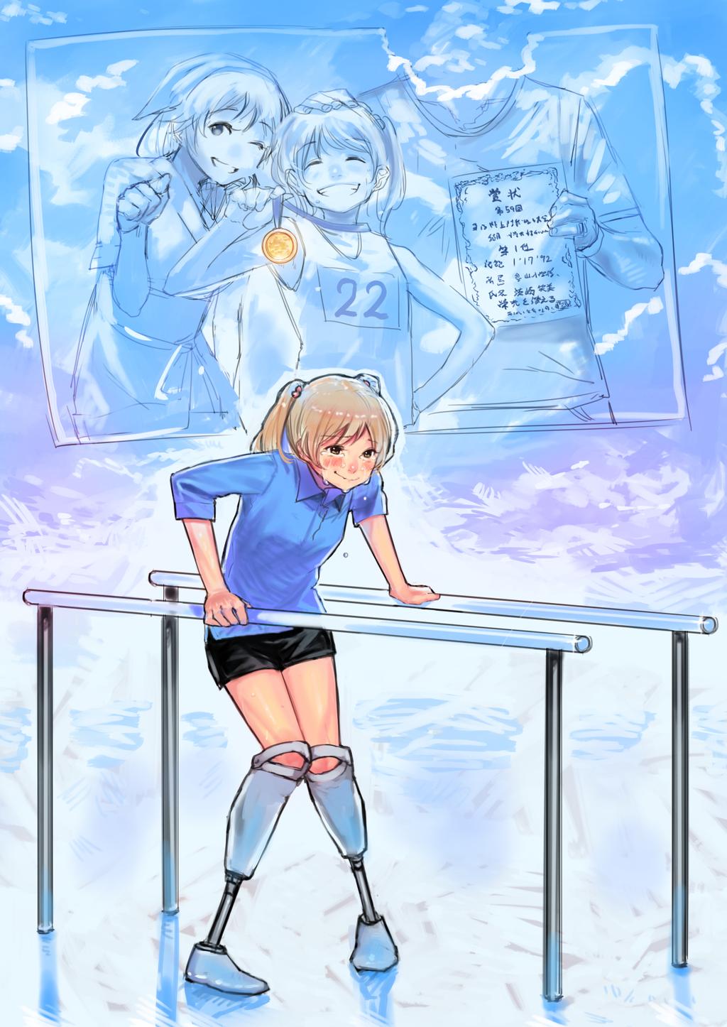 10s 1girl :d amputee arm_support bike_shorts blue_shirt blush brown_hair bukimi_isan clenched_hand crying crying_with_eyes_open double_amputee faceless faceless_male gold grin hair_bobbles hair_ornament hand_on_another&#039;s_head hand_on_own_hip highres ibarazaki_emi ibarazaki_meiko katawa_shoujo knees_together_feet_apart leaning_forward md5_mismatch medal nose_blush one_eye_closed open_mouth photo_(object) prosthesis prosthetic_leg resized shirt short_sleeves sky smile solo_focus standing tears twintails