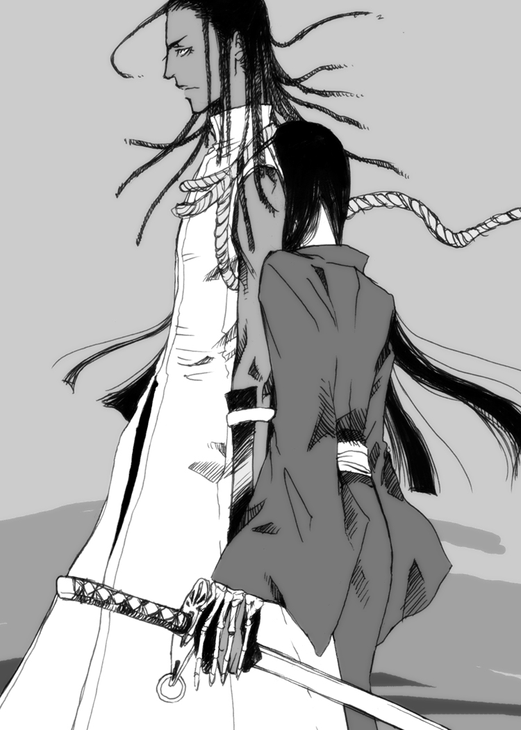 1boy 1girl 2011 bleach blind braid dark_skin glove_cutout gloves grey_theme haori japanese_clothes kakyo_(bleach) katana kitamura_mona obi rope rope_necklace sash skeletal_arm skeleton solo_focus sword tall_male tousen_kaname weapon zanpakutou