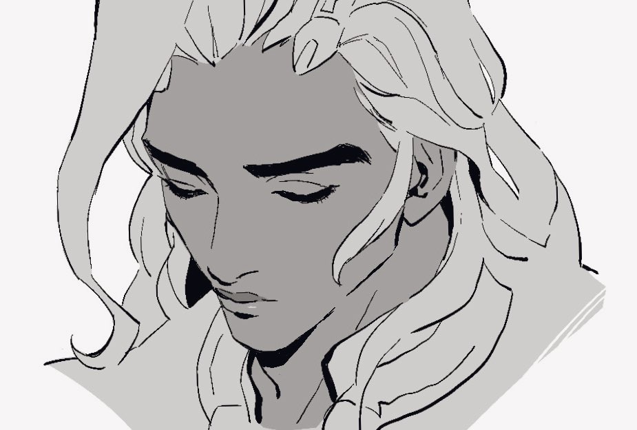 1boy 8dddjbbb8 close-up closed_eyes closed_mouth commentary cropped_shoulders lifeweaver_(overwatch) long_hair male_focus overwatch overwatch_2 simple_background solo symbol-only_commentary thick_eyebrows white_background