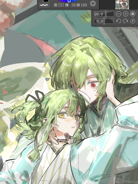 1boy 1girl braid green_hair hair_between_eyes hair_ribbon hand_up haori japanese_clothes kimono long_hair looking_at_viewer original qyzhiaiyisheng red_eyes ribbon short_hair upper_body