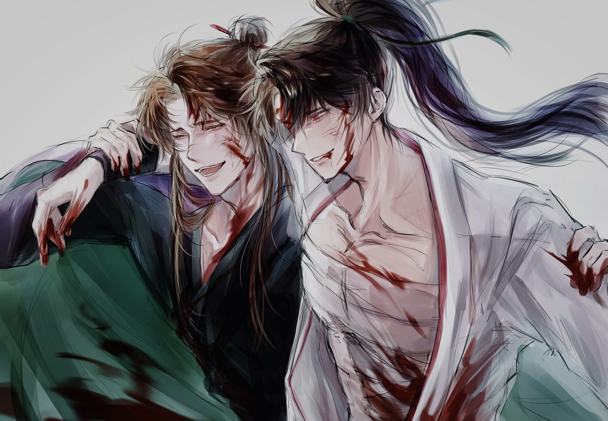 2boys arm_around_shoulder bandaged_chest bandages black_hair black_hanfu blood blood_on_clothes blood_on_face blood_on_hands brown_hair cheongmyeong_(return_of_the_mount_hua_sect) chinese_clothes closed_eyes collarbone covered_pectorals green_ribbon green_robe grey_background hair_bun hair_ribbon hanfu high_ponytail highres holding_another's_wrist ia_o00i injury korean_commentary long_hair male_focus multiple_boys open_clothes open_mouth open_robe pectorals ponytail red_eyes return_of_the_mount_hua_sect ribbon robe sidelocks simple_background single_hair_bun smile tang_bo_(return_of_the_mount_hua_sect) upper_body white_hanfu white_robe yaoi