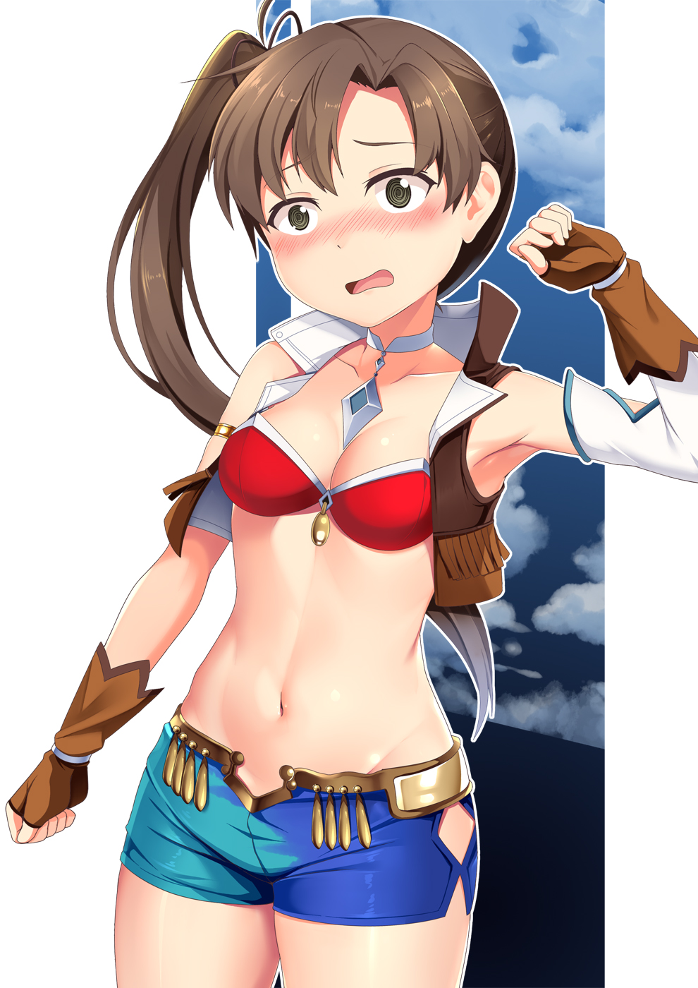1girl ayanami_(kancolle) blue_shorts breasts brown_eyes brown_gloves brown_hair brown_vest calamity_jane_(fate) calamity_jane_(fate)_(cosplay) calamity_jane_(first_ascension)_(fate) cosplay cowboy_shot cropped_vest detached_collar detached_sleeves fate/grand_order fate_(series) fingerless_gloves gloves green_shorts highres hip_vent kantai_collection long_hair navel open_clothes open_vest short_shorts shorts side_ponytail single_detached_sleeve small_breasts solo two-tone_shorts vest yasume_yukito yellow_vest