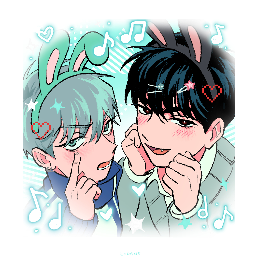 2boys alien_stage animal_ear_hairband animal_ears beamed_eighth_notes black_eyes black_hair blue_jacket commentary eighth_note english_commentary fake_animal_ears fang finger_to_eye from_above green_eyes grey_hair grey_sweater hairband half_note ivan_(alien_stage) jacket lodrws long_sleeves looking_at_viewer male_focus multiple_boys musical_note official_alternate_costume open_mouth quarter_note rabbit_ears red_pupils shirt shirt_under_sweater signature sweater till_(alien_stage) white_shirt