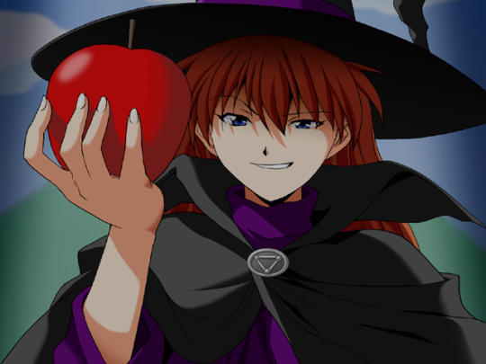 1girl apple blue_eyes brown_hair costume custom female_focus food fruit grin hand_up hat looking_at_viewer neon_genesis_evangelion smile solo souryuu_asuka_langley upper_body witch_hat