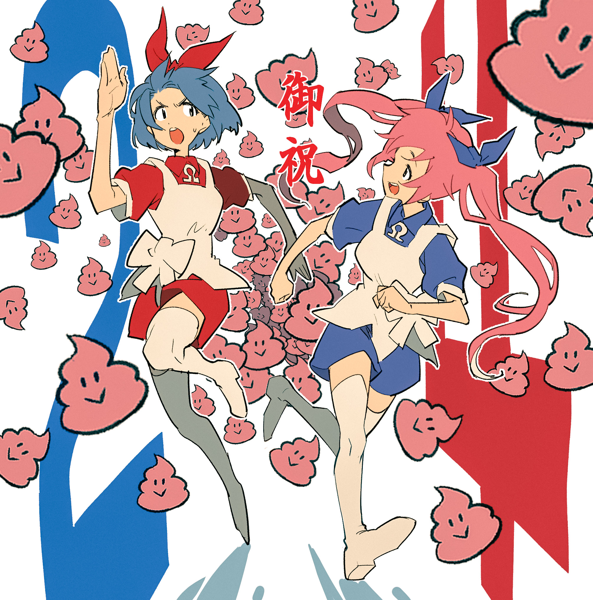2girls :o apron blue_hair blue_ribbon boots clenched_hands commentary_request emoji fleeing full_body hair_ribbon hand_up highres long_hair looking_back milestone_celebration multiple_girls omega_ray omega_rio omega_sisters omega_symbol open_mouth pink_hair poop_emoji puffy_short_sleeves puffy_sleeves red_ribbon ribbon running short_hair short_sleeves siblings sisters small_sweatdrop tamo_(gaikogaigaiko) thigh_boots too_many translation_request twintails v-shaped_eyebrows virtual_youtuber white_apron white_background white_footwear