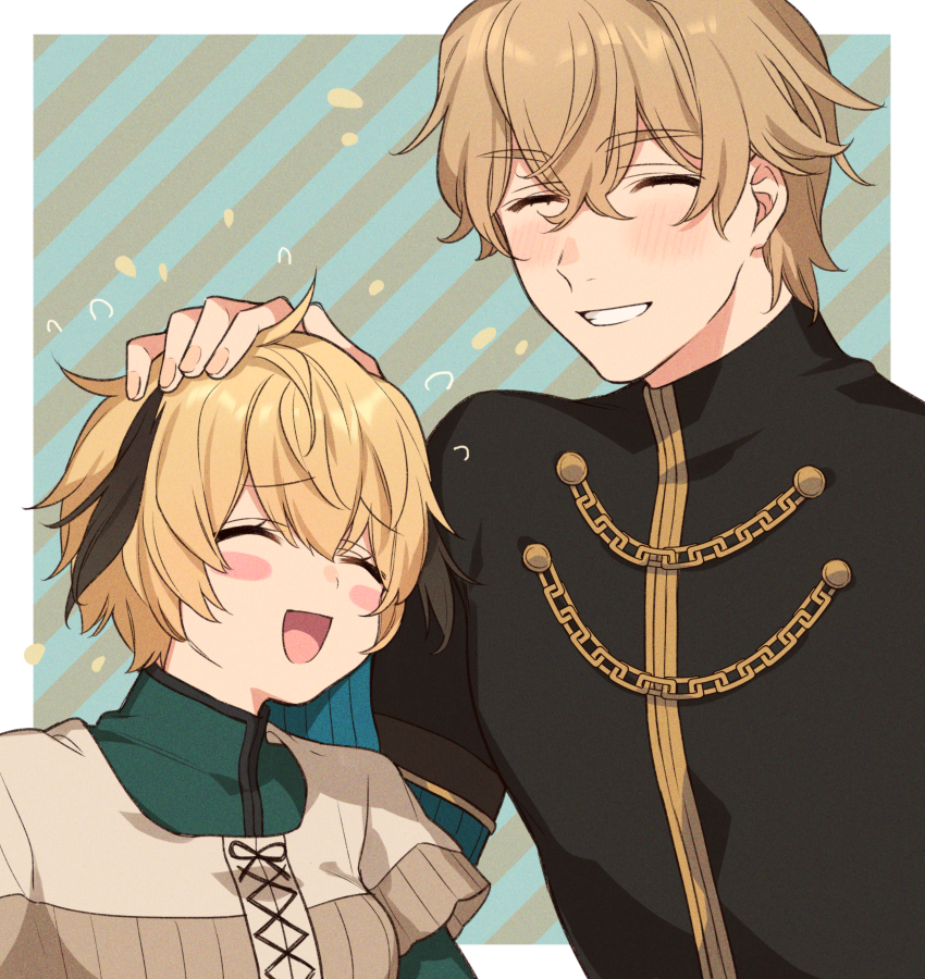 1boy 1girl black_hair black_shirt blonde_hair blush_stickers border brother_and_sister brown_shirt chain closed_eyes cross-laced_clothes cross-laced_top fate/grand_order fate_(series) flying_sweatdrops gareth_(fate) gareth_(first_ascension)_(fate) gawain_(fate) gold_trim green_shirt grin hair_between_eyes hand_on_another&#039;s_head happy headpat karokuchitose layered_shirt light_blush multicolored_hair shirt short_hair short_sleeves siblings smile streaked_hair striped_background turtleneck upper_body white_border