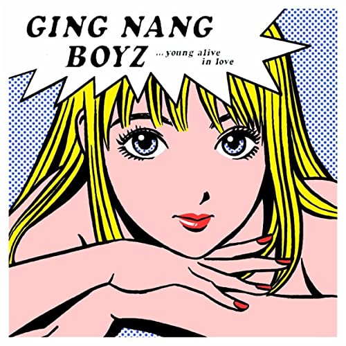 1girl album_cover arm_rest blonde_hair blue_background blue_eyes border colored_skin cover eguchi_hisashi english_text gingnangboyz group_name head_on_hand head_rest looking_at_viewer lowres nude official_art pink_skin portrait red_lips red_nails screentones second-party_source solo white_border