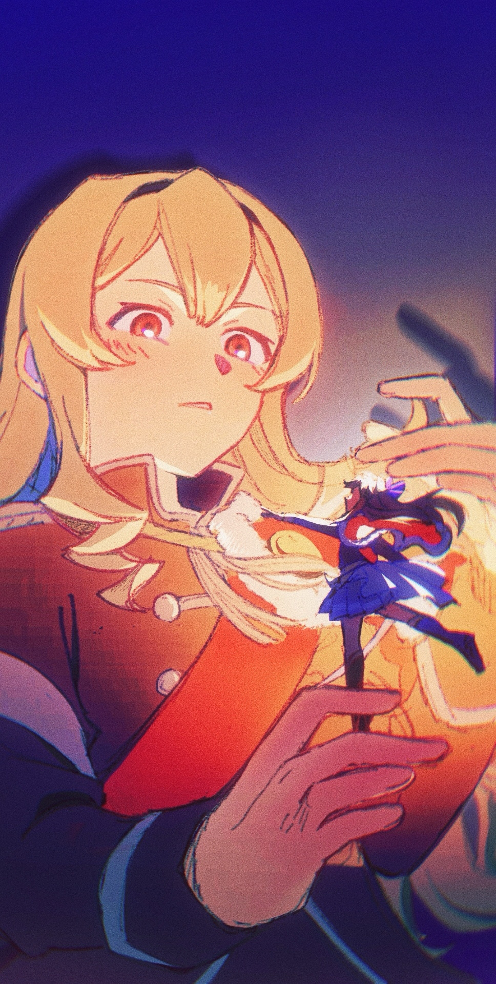 awestruck ballerina black_headband blonde_hair blue_boots boots bow brown_hair dancing headband highres light_blush looking_at_another military_uniform pleated_skirt purple_bow red_eyes red_sash saijou_claudine sash shoujo_kageki_revue_starlight shoujo_kageki_revue_starlight_-re_live- shoulder_pads size_difference skirt tendou_maya yuri