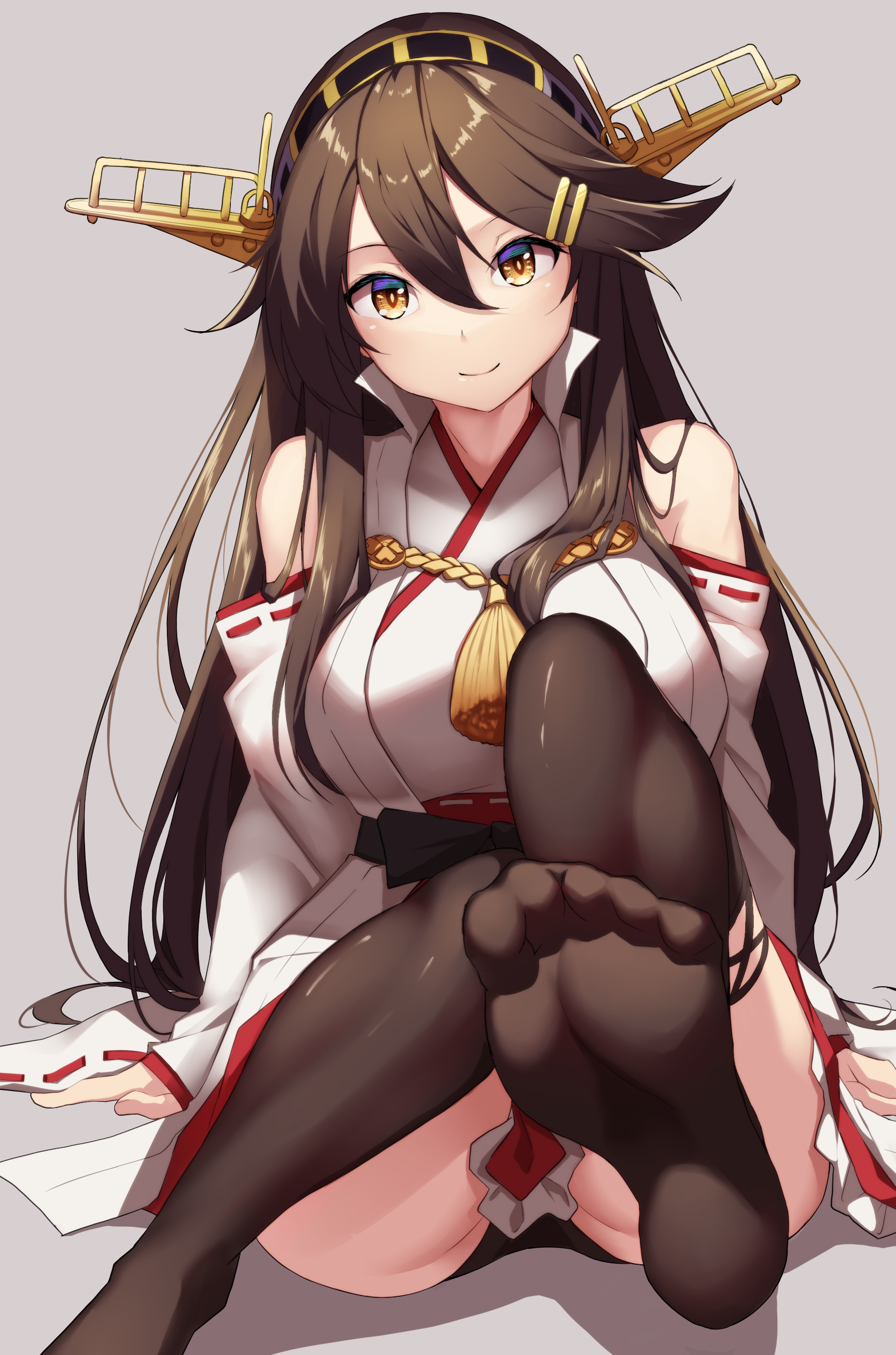 1girl absurdres bare_shoulders black_hair black_panties black_thighhighs blush breasts brown_eyes creek_(moon-sky) detached_sleeves grey_background hair_ornament hairband hairclip haruna_(kancolle) haruna_kai_ni_(kancolle) headgear highres japanese_clothes kantai_collection large_breasts long_hair looking_at_viewer nontraditional_miko panties ribbon-trimmed_sleeves ribbon_trim skirt smile solo thighhighs underwear