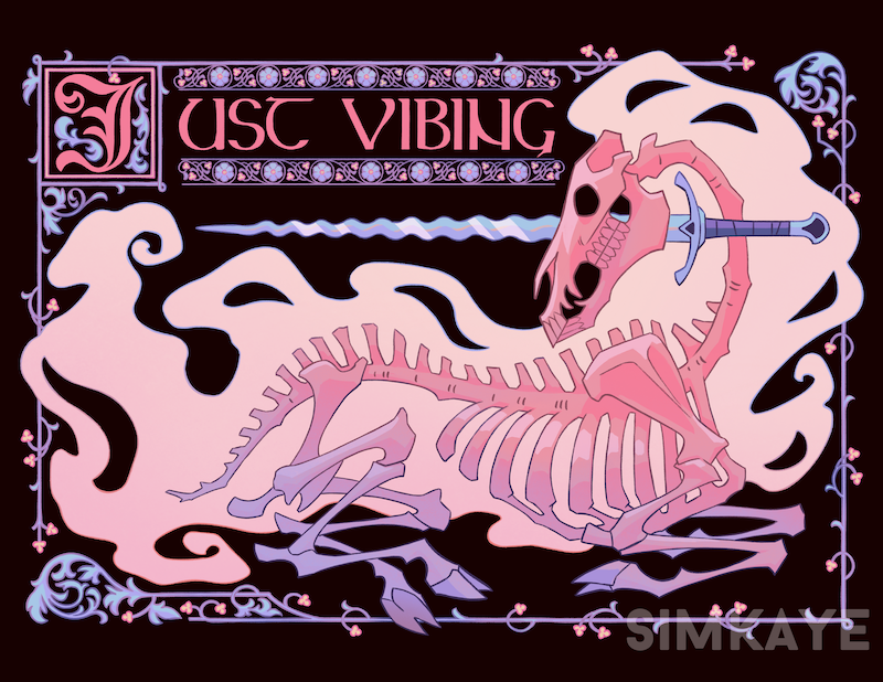 animal_skeleton artist_name black_background blue_flower border creature creature_focus english_text fantasy fiery_hair fire flamberge flower full_body gradient_skin hooves horns lgbt_pride long_hair looking_back no_humans original ornate_border pink_fire pink_flower pink_hair pink_theme plant simkaye simple_background single_horn sitting skeleton skeleton_horse sword transgender_flag unicorn vines watermark weapon