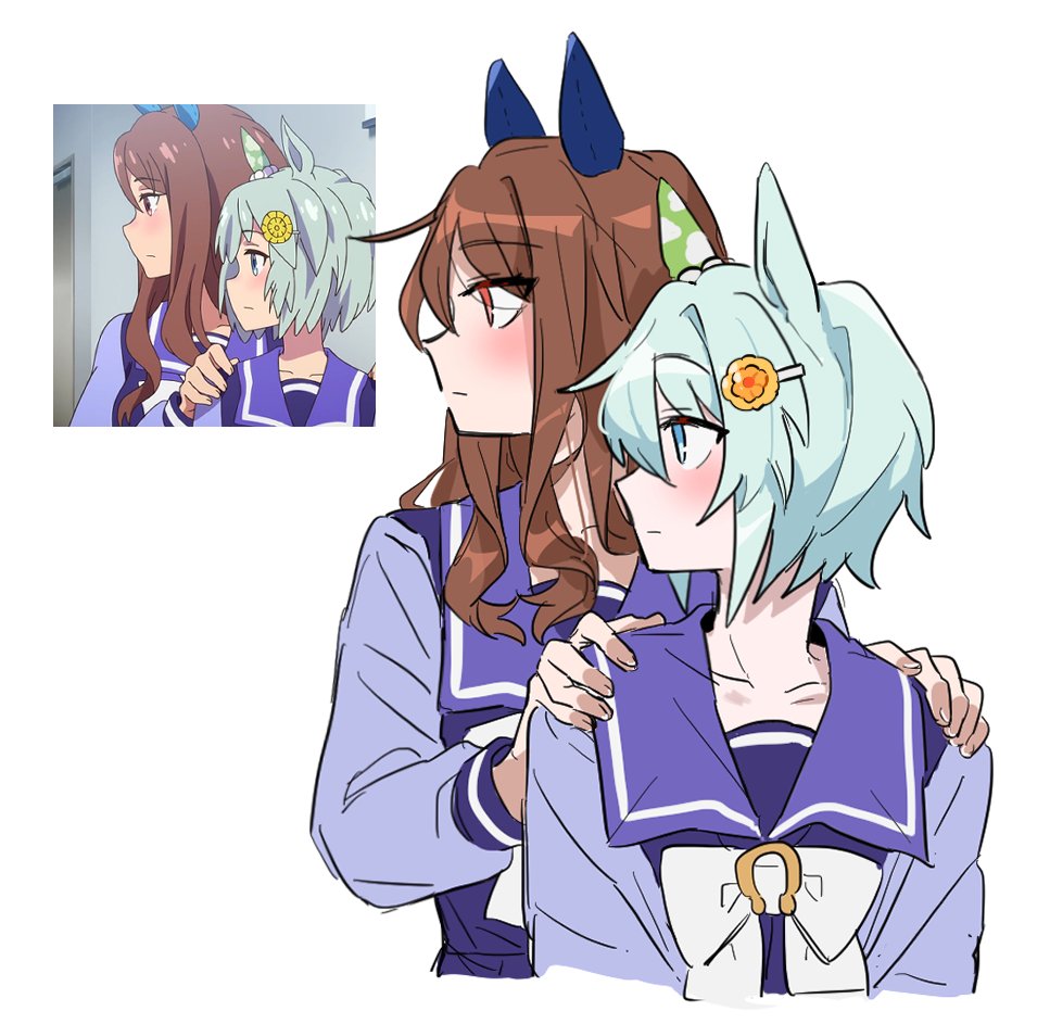 2girls animal_ears anime_screenshot_inset blue_eyes bow bowtie brown_hair derivative_work ear_covers green_hair horse_ears horse_girl king_halo_(umamusume) long_hair long_sleeves looking_to_the_side multiple_girls purple_shirt red_eyes reference_inset sailor_collar sailor_shirt school_uniform seiun_sky_(umamusume) shirt short_hair simple_background single_ear_cover tracen_school_uniform umamusume unseuking0427 white_background white_bow white_bowtie