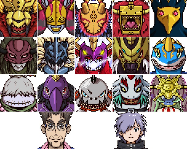 amanokawa_hokuto babamon digimon digimon_(creature) grimmon iguneetmon karatenmon looking_at_viewer mametyramon mask original owada_rui quantumon sharp_teeth short_hair shroudmon smile surfimon teeth