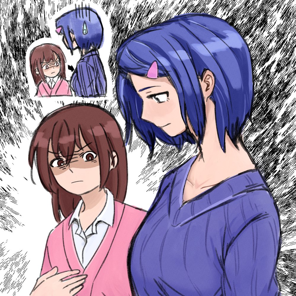 2girls aura blue_hair breast_envy breasts brown_eyes brown_hair chibi chibi_inset closed_mouth collared_shirt comedic_sweatdrop commentary_request dark_aura frown girl_staring_at_guy&#039;s_chest_(meme) glaring hair_ornament hairclip hand_on_own_chest juunin_toiro_(zhizhi8059) kogoori_natsumi large_breasts looking_at_breasts medium_hair meme multiple_girls multiple_views niimura_haruka pink_sweater profile purple_sweater ribbed_sweater shaded_face shigatsu_youka shirt short_hair sweater swept_bangs upper_body v-shaped_eyebrows white_shirt