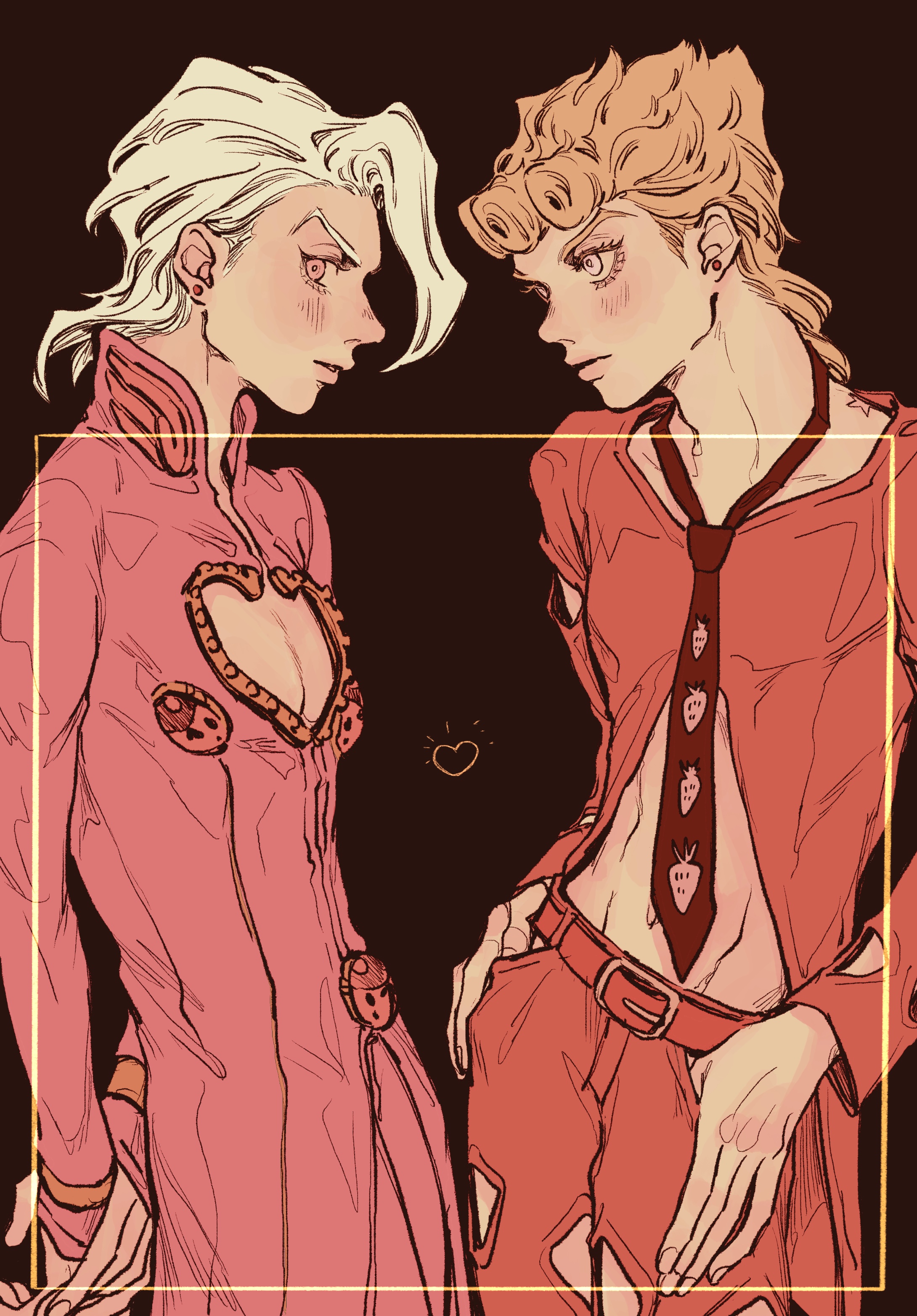 2boys absurdres black_background black_necktie blonde_hair braid clothing_cutout cosplay costume_switch curtained_hair drawn_heart earrings giorno_giovanna heart highres holding_own_hand jacket jewelry jojo_no_kimyou_na_bouken ladybug_ornament long_hair looking_at_another looking_to_the_side male_focus medium_hair multiple_boys navel necktie okokoro_zaiku pannacotta_fugo pants pink_eyes pink_jacket pink_pants red_pants stud_earrings vento_aureo victory_rolls white_eyes white_hair yaoi