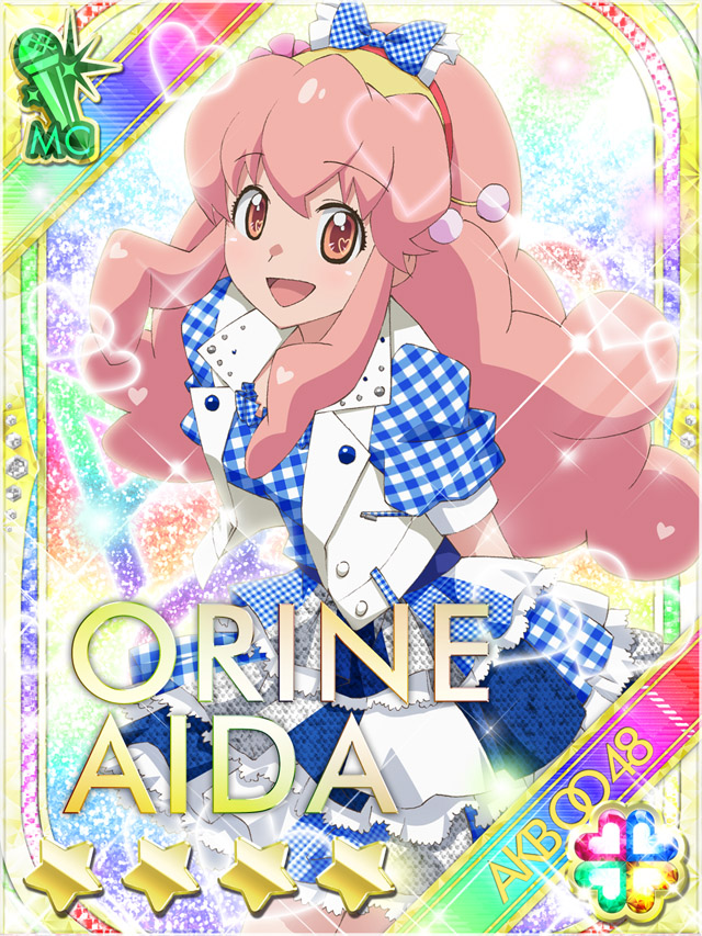 1girl :d aida_orine akb0048 arms_behind_back bow card_(medium) character_name copyright_name cowboy_shot gingham_bow gingham_dress hair_bow hairband heart idol_clothes jacket long_hair looking_at_viewer non-circular_lens_flare non-web_source official_art open_clothes open_jacket open_mouth pink_eyes pink_hair short_sleeves sidelocks sleeveless sleeveless_jacket smile solo sparkle standing star_(symbol) three_quarter_view two-tone_hairband white_jacket